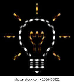 Light bulb halftone vector pictogram. Illustration style is dotted iconic light bulb icon symbol on a black background. Halftone grid is circle pixels.