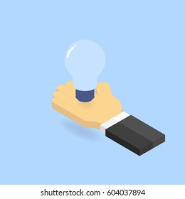 Light bulb in hand businessman. Vector isometric illustration.