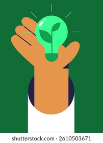 light bulb in hand. Characters share reduce energy. Green electricity and power save concept. Vector illustration.