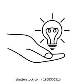Bombilla en la mano. Concepto de ideas, inspiración, pensamiento efectivo. Idea de signo, solución, pensamiento, concepto. Iluminación Lámpara eléctrica. Solución creativa de problemas. Trazo editable. Vector