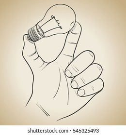 Light bulb in hand. Concept ideas while working. hand drawn Light bulb vector illustration on vintage background.
