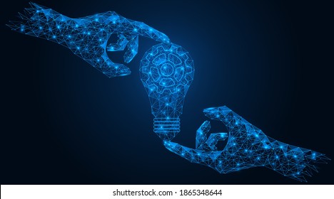 Light bulb in hand. The concept of a joint business idea mechanism. Low-poly construction of concatenated lines and dots. Blue background.