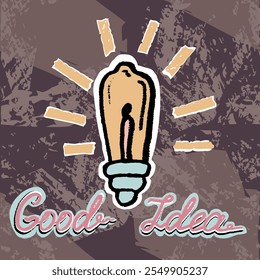 Light bulb hand draw with handwriting “Good idea”. Doodle with texture. Vector, isolated, retro style.