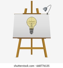 Light bulb hand drawing on easel. Vector illustration