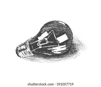Light Bulb, Hand Drawn Sketch Vector illustration. 