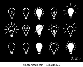 Light Bulb Hand Drawn Vector Set Doodle Icon on Black Background Sketch White Handwritten Cartoon Flashlight Illustration