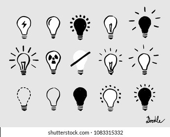Light Bulb Hand Drawn Vector Set Doodle Icon on Grey Background Sketch Black White Handwritten Cartoon Flashlight Illustration