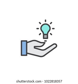 Light bulb in hand filled outline icon, line vector sign, linear colorful pictogram isolated on white. Idea symbol, logo illustration. Pixel perfect vector graphics