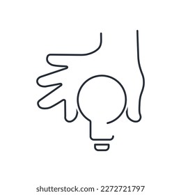 Light bulb in hand. Get an idea. Vector linear icon isolated on white background.