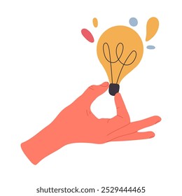Bombilla en la mano. Mano que sostiene la bombilla brillante, la solución, la innovación y la idea creativa metáfora Ilustración vectorial plana. Gran concepto de idea