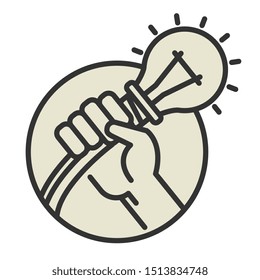Light bulb in hand icon or symbol isolated on white background, abstract vector illustration