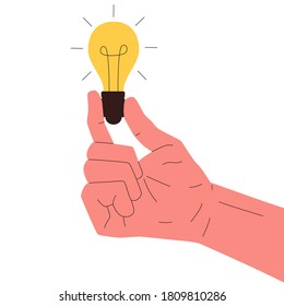 Light bulb in a hand icon. Vector concept illustration of a hand holding glowing yellow light bulb. Concept of bringing the idea, insight, inspiration, invention,, brainstorming, critical thinking