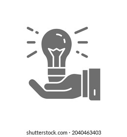 Bombilla en mano, generación de ideas, icono gris creativo.