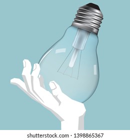 Light bulb in hand. Isolated on blue background.