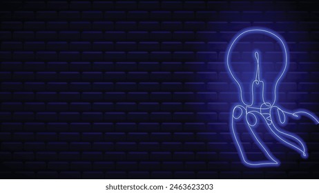 Light bulb in hand. Neon. Glowing neon line. Concept of idea. Energy and idea symbol. Generate and giving business ideas. Isolated on brick wall background. Hand holding electric light bulb. 
