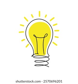 The light bulb is hand-drawn with one continuous line isolated on a white vector background. Decorative element, modern sketch for decoration, decoration, labels. Color illustration of the light 
