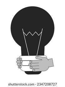 Light bulb in hands bw concept vector spot illustration. Inspiration business 2D cartoon flat line monochromatic hand for web UI design. Innovation strategy editable isolated outline hero image