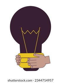 Light bulb in hands flat line concept vector spot illustration. Inspiration business 2D cartoon outline hand on white for web UI design. Innovation strategy editable isolated color hero image