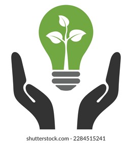 Light bulb in hands, green color eco friendly energy icon with leaf. Sustainable, renewable, eco energy and environmental friendly sources logo concept graphic, isolated on white background.