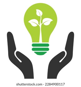 Light bulb in hands, green color eco friendly energy icon with leaf. Sustainable, renewable, eco energy and environmental friendly sources logo concept graphic, isolated on white background.