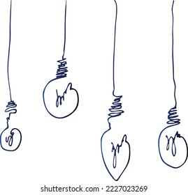 Light bulb hang from ceiling on wire. Electric lighting. Set of glass devices. Modern design. Black and white Hand drawn doodle illustration.