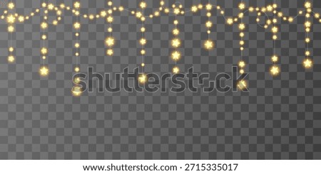 Light bulb hanging curtain, sky chirstmas star garland. Christmas fairy string decor bg, festoon png vector. White gold isolated new year chain, xmas glitter. Wedding frame, winter night header lamps