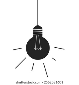 Light bulb hanging icon simple silhouette graphic illustrated, lightbulb on wire rope solid black white shape isolated cut out modern design, lamp sign symbol image clip art drawn pictogram
