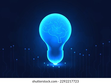 Light bulb has a brain inside. Refers to the brain of the artificial intelligence system that helps humans come up with new job ideas to offer customers and also helps solve business problems.