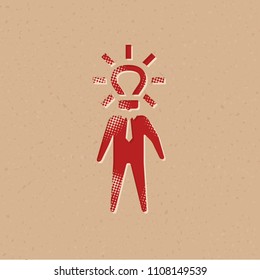 Light bulb head icon in halftone style. Grunge background vector illustration.