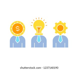 light bulb head man, gear head man, and money head man for business concept icons