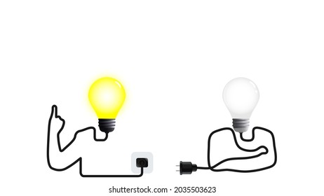 A light bulb head man got an idea, another still thinking, on white background.