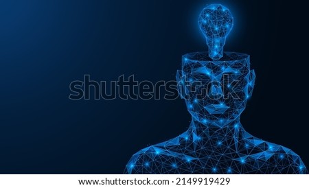 A light bulb in head. A new idea. Brain activity. Polygonal design of interconnected lines and points. Blue background.