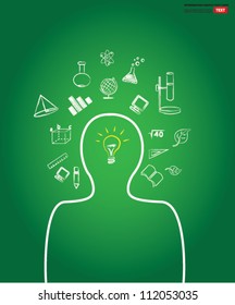 Light bulb and head on blackboard background ,Vector