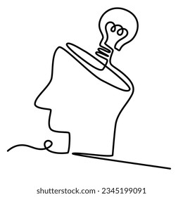 Light bulb in head in one single Continuous one line drawing. Simple lineart concept of idea and imagine. Vector illustration