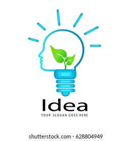 Light bulb head silhouette with green leaf, ecology concept.