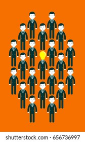 light bulb headed businessmen In the center of a group of people. Idea and leadership concept. Stock flat vector illustration.