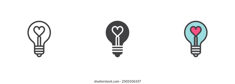 Light bulb with a heart different style icon set. Line, glyph and filled outline colorful version, outline and filled vector sign. Love symbol, logo illustration. Vector graphics