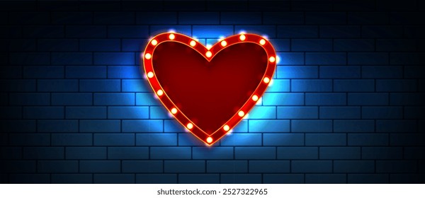 Marco del corazón de la bombilla en el fondo de la pared del ladrillo. Vector ilustración realista de la decoración roja de la forma del símbolo del amor para el escenario del espectáculo del club nocturno, Plantilla del borde del día de San Valentín con la iluminación de neón