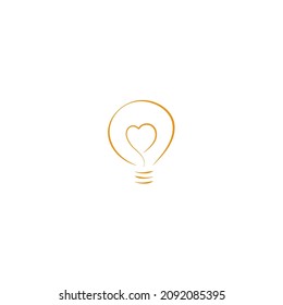 Light bulb with heart inside, flat design, vector. Metal light bulb, logo, emblem. A graphic symbol of light, idea, intuition, ingenuity. Silhouette of a lamp in golden colors isolated on white.