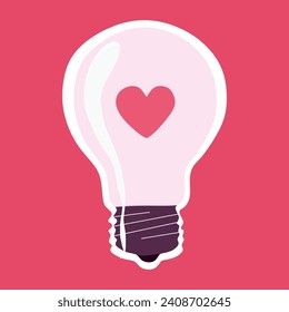 Bombilla de luz con corazón dentro, vector Sticker. Isolación de la ilustración Flat o Cartoon. El Día de San Valentín y el elemento de diseño de concepto romántico. Arte Gráfico para tarjeta de felicitación, afiche, volante. El amor es poder