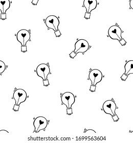 Light Bulb with heart seamless vector pattern. Hand drawn doodle background with bulbs. Black and white. Creative invention, innovation and idea concept. Love symbol. For website design, textile.