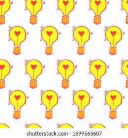 Light Bulb with heart seamless vector pattern. Hand drawn doodle background with bulbs. Creative invention, innovation and idea concept. Love symbol. For website design, blog, wallpaper, textile.