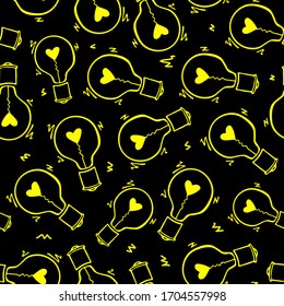 Light Bulb with heart seamless vector pattern. Hand drawn doodle outline bulbs on black background. Creative invention, innovation and idea concept. Love symbol. For website design, textile.