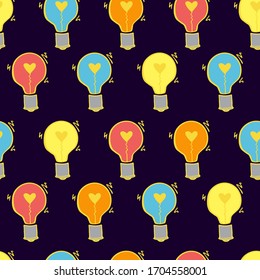 Light Bulb with heart seamless vector pattern. Hand drawn doodle colorful fun background with bulbs. Innovation, inspiration, idea concept. Love symbol. For website design, wallpaper, scrapbook.