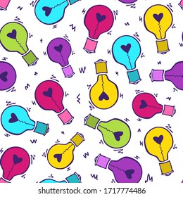 Light Bulb with heart seamless vector pattern. Hand drawn doodle colorful fun background with bulbs. Creative invention, innovation and idea concept. Love symbol. For wallpaper, scrapbook, textile.