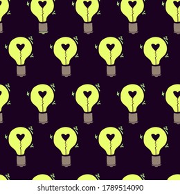 Bombilla de luz con patrón vectorial sin costuras cardíacas. Fondo de doodle rosado dibujado a mano con bombillas. Invención creativa, innovación y concepto de ideas. Símbolo de amor. Para el diseño de sitios web, blog, fondo de pantalla, scrapboo