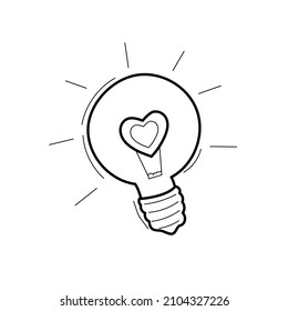 light bulb in heart shape. Doodle lamp. Valentine's day, love, heart. Stock vector line art illustration on a white background.