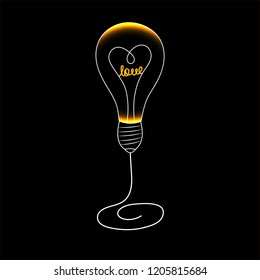 Light bulb with hearts inside. On a black background.