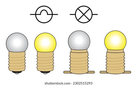 Bombilla y soporte de bombilla con símbolo. Componente electrónico. Ciencias de la educación física. Ilustración vectorial aislada en blanco.