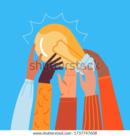 Light bulb holding by diverse hands. Vector illustration concept startups, international innovative business, crowdfunding, entrepreneurship 